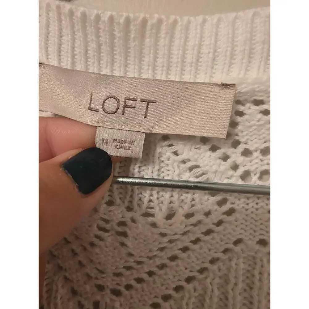 LOFT White Pointelle Knit Sweater Cotton Lightweight Cottagecore Medium